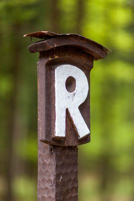 Rennsteig-Symbol, weißes "R" in der Inselsbergregion (Rennsteigwanderungen ohne Gepäck) im Thüringer Wald (Inselsbergregion, Talsperrenregion)
