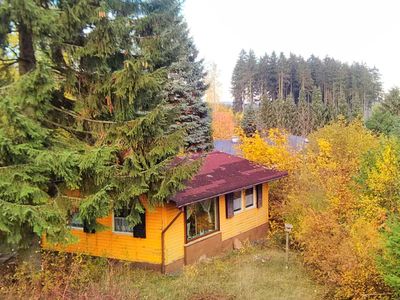 Außenansicht von einem Ferienhaus im Herbstwald im Ferienpark Sonnenhof in Tambach-Dietharz (Thüringer Wald)