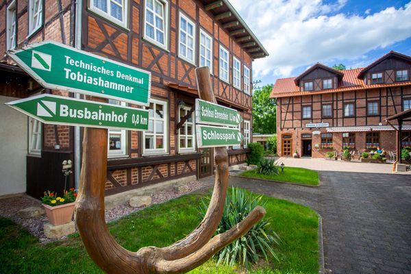 Wegweiser im Innenhof der Schlossgartenpassage – Pension „Schlossblick“ in Ohrdruf im UNESCO Global Geopark Thüringen Inselsberg – Drei Gleichen