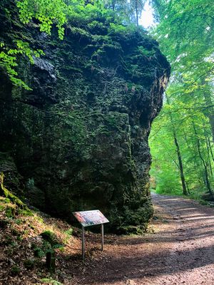 Ansicht der Gedenktafel "Das kalte Herz" im Felsental im Lauchagrund in Bad Tabarz (Inselsbergregion im Thüringer Wald)