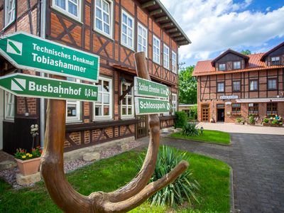 Wegweiser im Innenhof der Schlossgartenpassage – Pension „Schlossblick“ in Ohrdruf im UNESCO Global Geopark Thüringen Inselsberg – Drei Gleichen