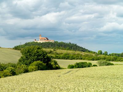 Die Veste Wachsenburg in Holzhausen (Thüringer Burgenland Drei Gleichen) im Sommer mit Feldern