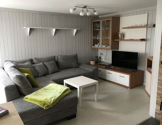 Wohnzimmer mit Couch und TV in Meiers Ferienhaus in Tambach-Dietharz