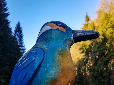 Eine Holzfigur des Eisvogels auf dem Erlebnispfad im Apfelstädter Grund in Tambach-Dietharz (Talsperrenregion)