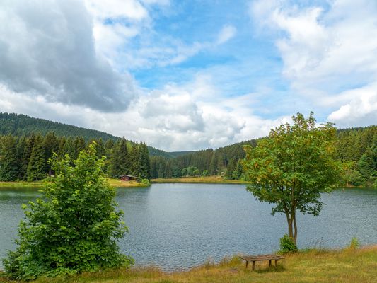 Lütschetalsperre in Frankenhain (Talsperrenregion) mit Bank und kleiner Holzhütte