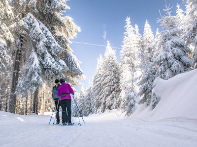 Zwei Langläufer auf dem Skiwanderweg Rennsteig im Thüringer Wald